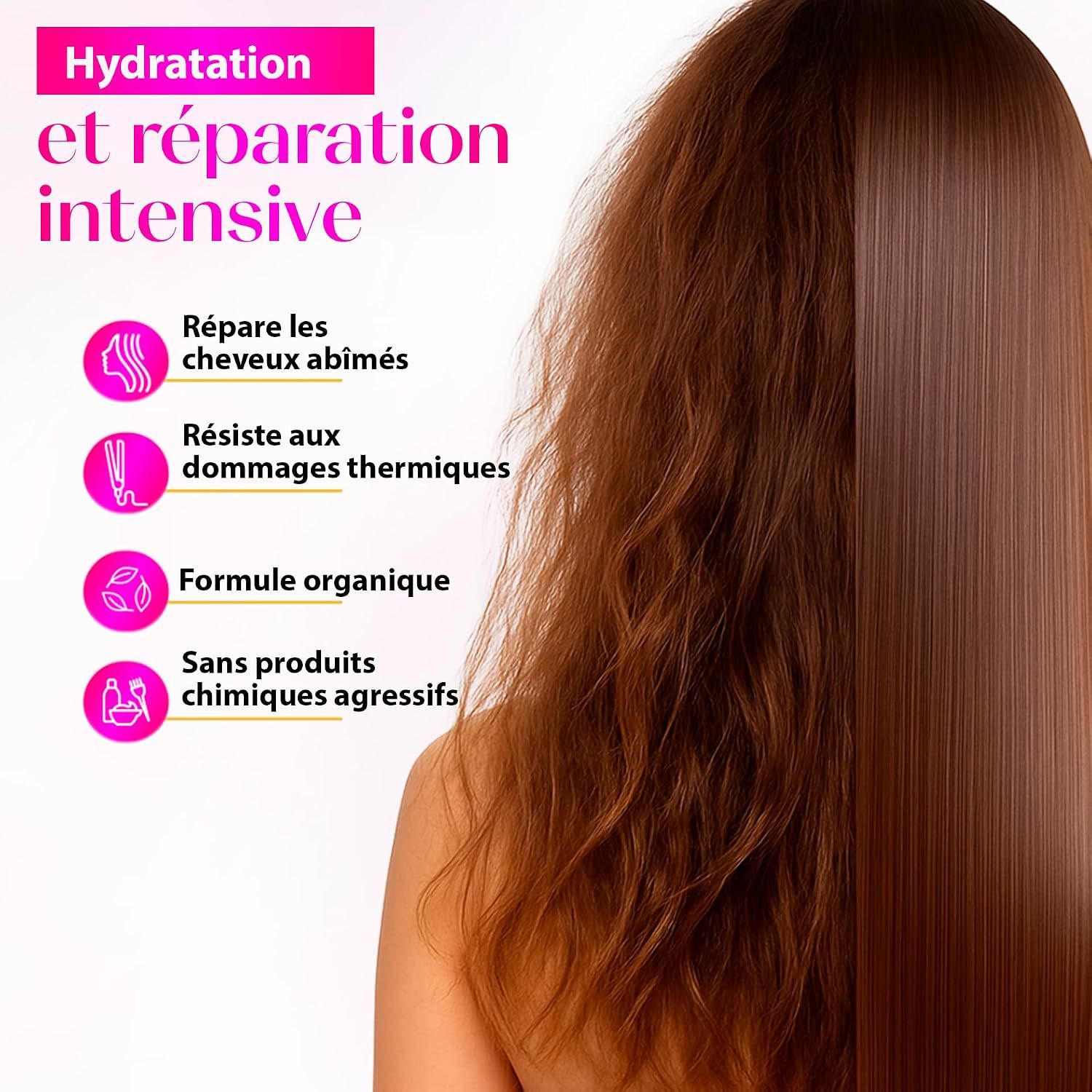 Comparaison de cheveux abîmés et réparés, avec les avantages du produit : formule bio, sans produits chimiques agressifs.