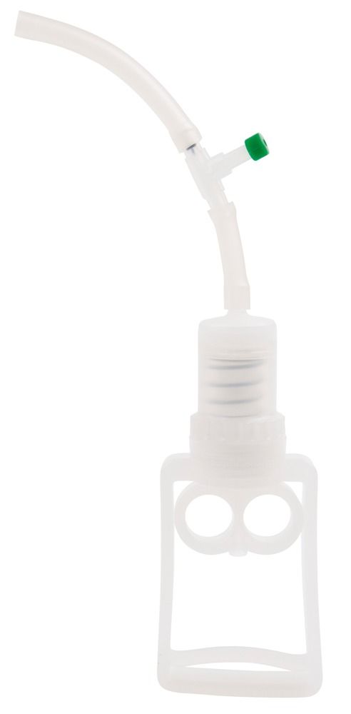 Een witte plastic slang met een T-stuk en een groen ventiel.