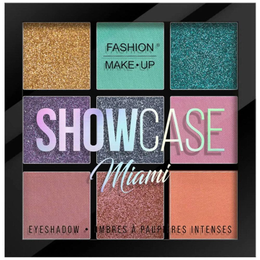 Palette de fards à paupières avec neuf couleurs : or, turquoise, violet, gris, rose, corail et or rose. 'SHOWCASE Miami' et 'FASHION MAKE-UP' sont imprimés.