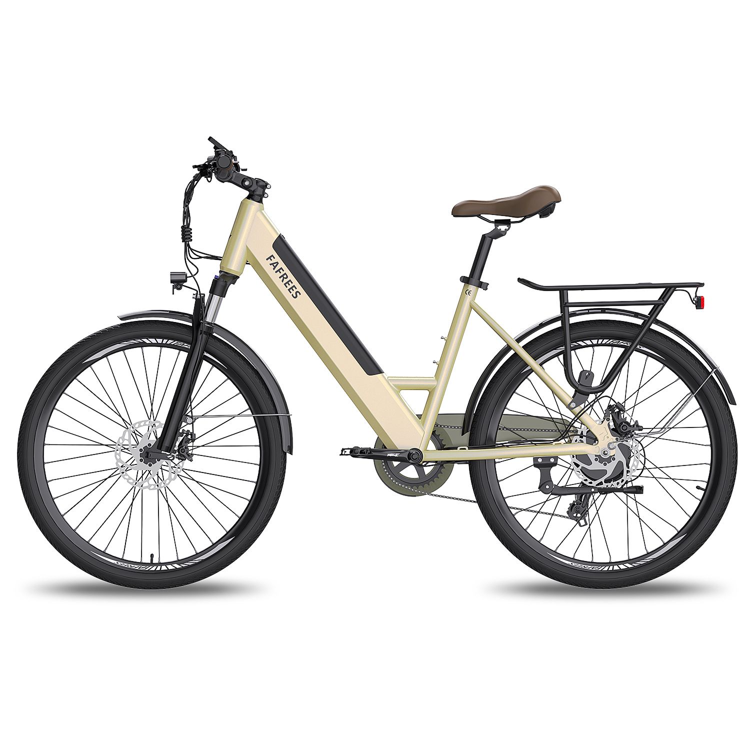 Vélo électrique beige avec cadre noir, porte-bagages et selle marron. Marque FAFREES.
