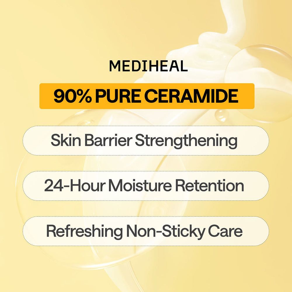 Gele achtergrond met tekst. MEDIHEAL en 90% PURE CERAMIDE. Andere teksten: Skin Barrier Strengthening, 24-Hour Moisture Retention, Refreshing Non-Sticky Care.