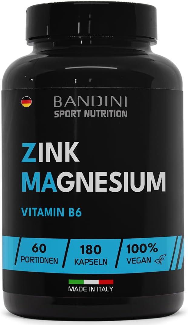 Zwarte fles met capsules. Opschrift: Zink Magnesium, Vitamine B6. 60 porties, 180 capsules, 100% vegan. Gemaakt in Italië.