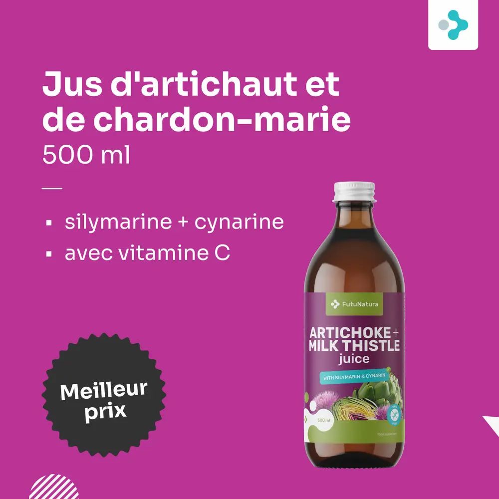 Bouteille de produit avec étiquette. Texte : Jus d'artichaut et de chardon-marie, 500 ml. Champs de texte supplémentaires et logo.