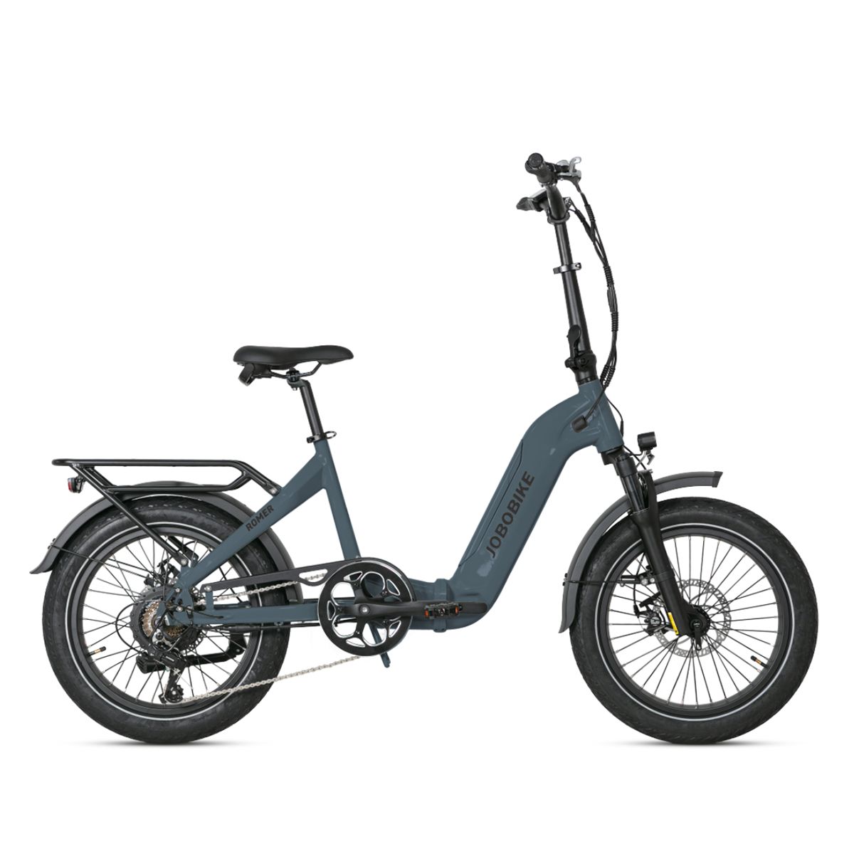 Vélo électrique gris. Pneus, porte-bagages et selle noirs. Logo JOBOBIKE sur le cadre.
