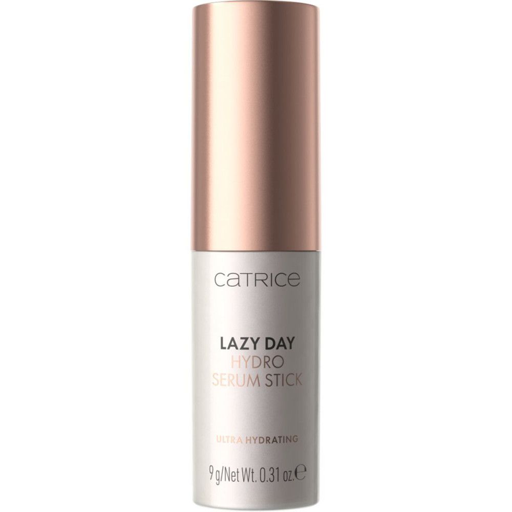 Stick de sérum avec bouchon or rose. Inscription: Catrice, Lazy Day Hydro Serum Stick. Ultra Hydrating. 9g/Net Wt. 0.31 oz e.
