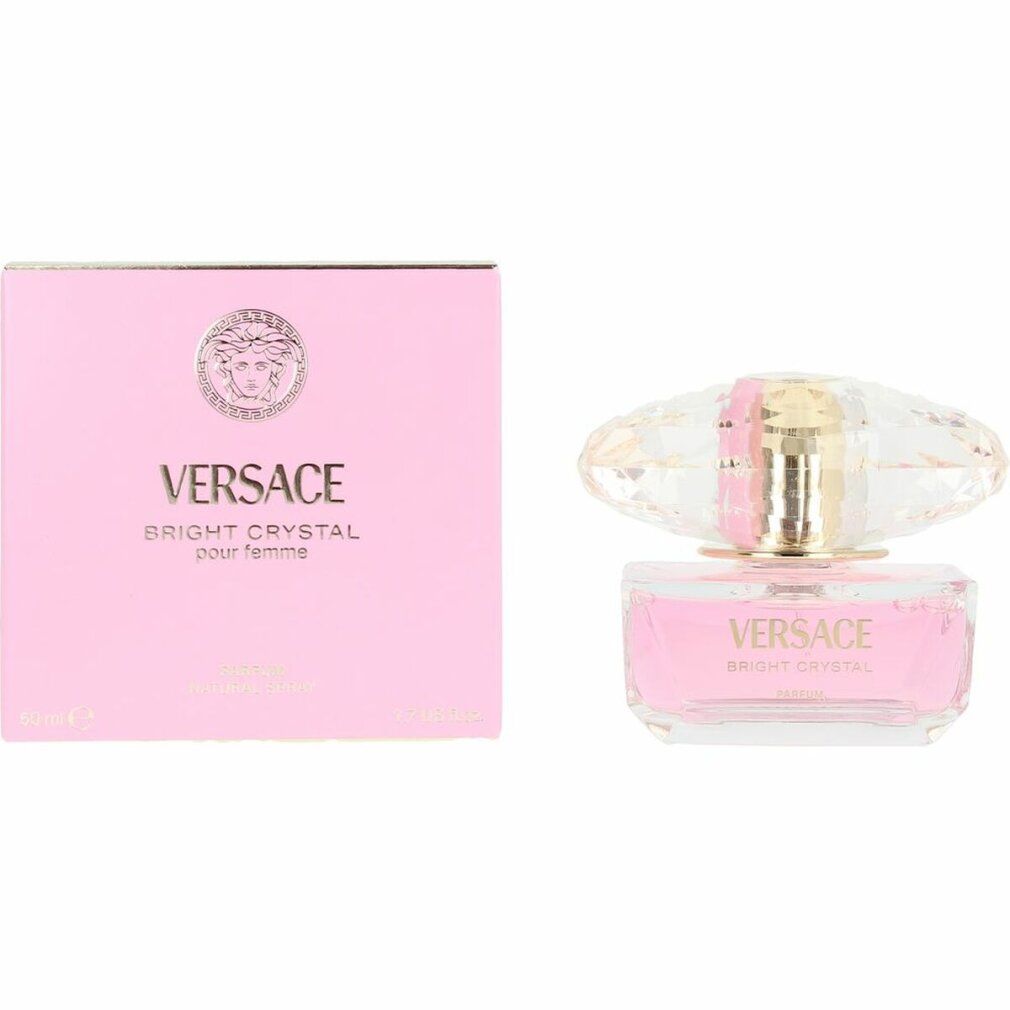 Versace Bright Crystal parfumfles naast de roze verpakking.