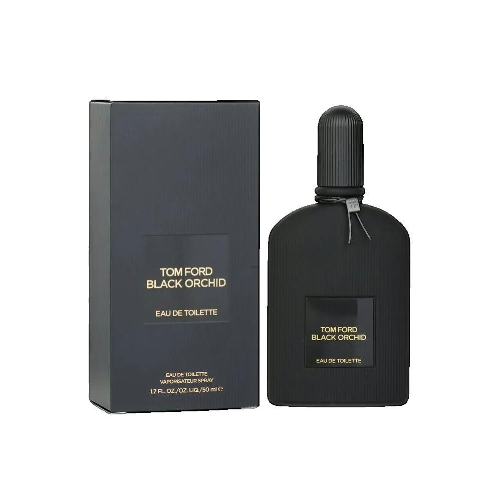 Zwarte fles en verpakking. Opschrift: TOM FORD BLACK ORCHID EAU DE TOILETTE. Fles met geribbeld oppervlak.