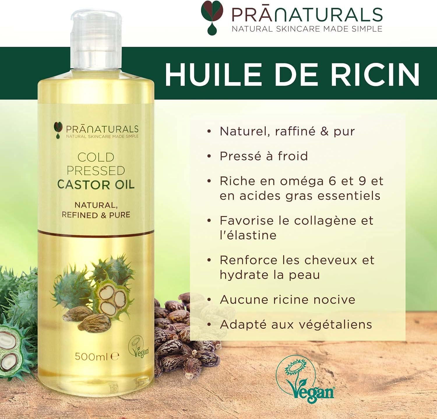 Bouteille d'huile de ricin pressée à froid, 500ml, avec illustration de fruits et graines de ricin.