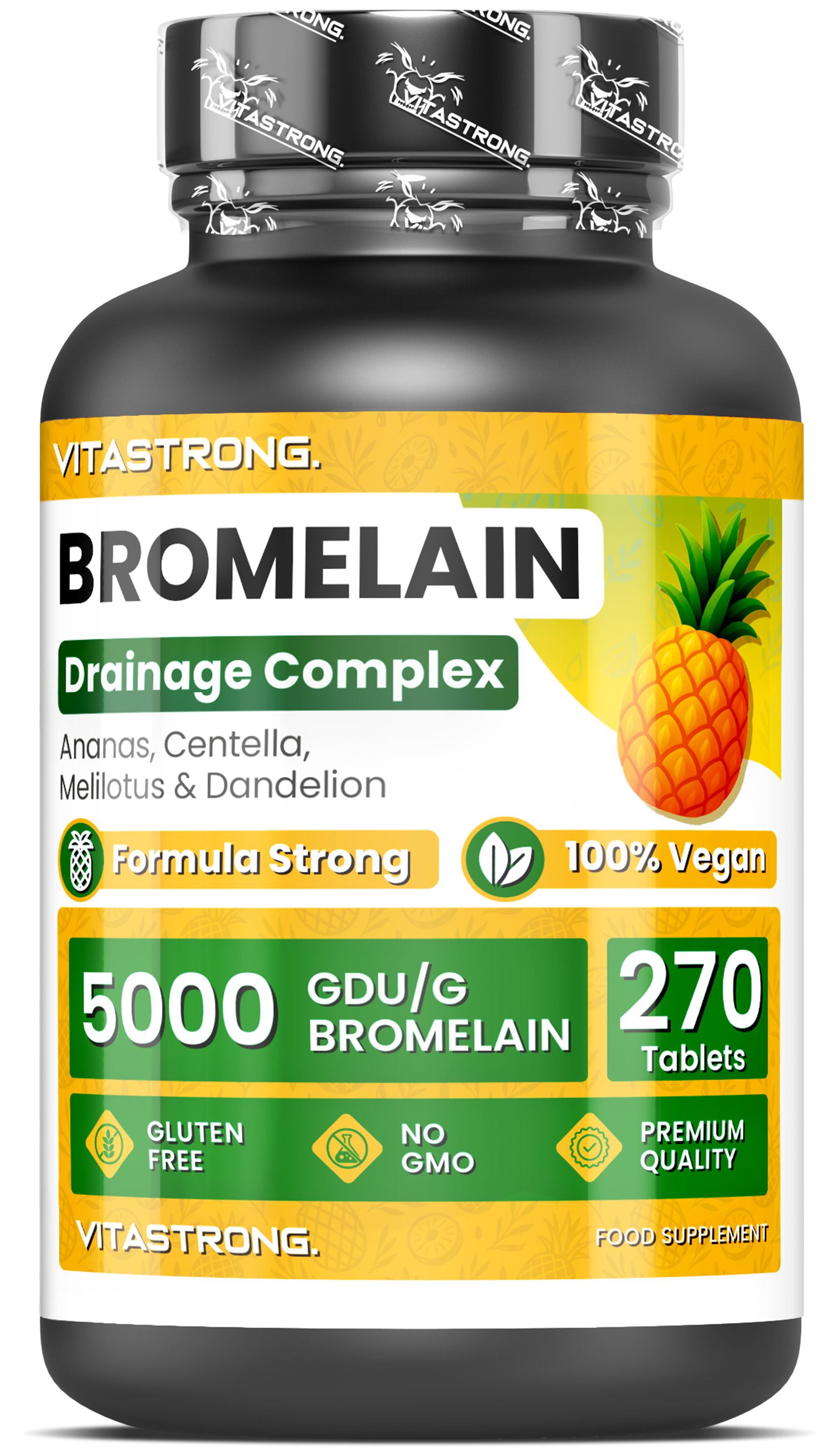 Bouteille Vitastrong Bromelain. Complexe Drainant. 5000 GDU/g Bromélaïne, 270 comprimés. Sans gluten, Sans OGM.