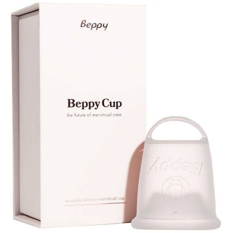 Beppy Cup transparent en silicone médical avec anse et emballage.