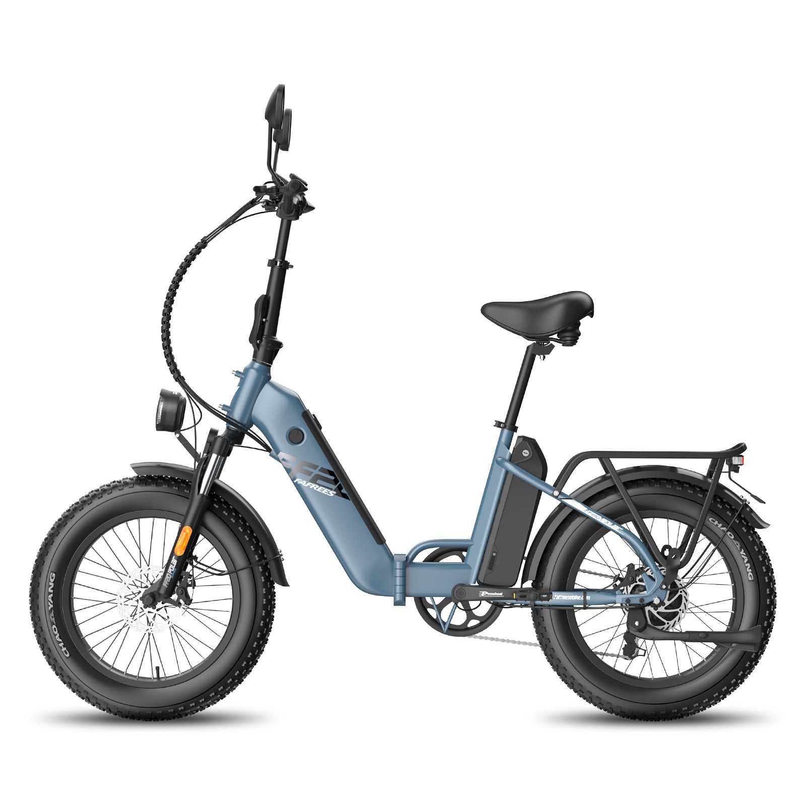 Vélo électrique bleu Fafrees FF20 Polar avec double batterie. Pneus, selle et porte-bagages noirs. Phare avant.