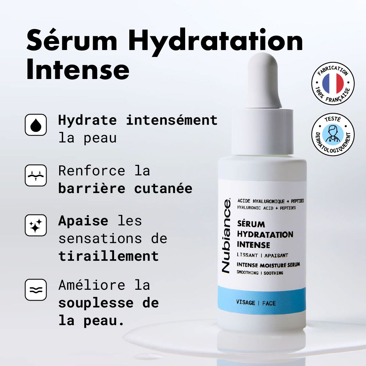 Flacon blanc avec pipette. Texte: Hydrate, renforce la barrière cutanée, apaise, améliore la souplesse. Sérum Hydratation Intense.