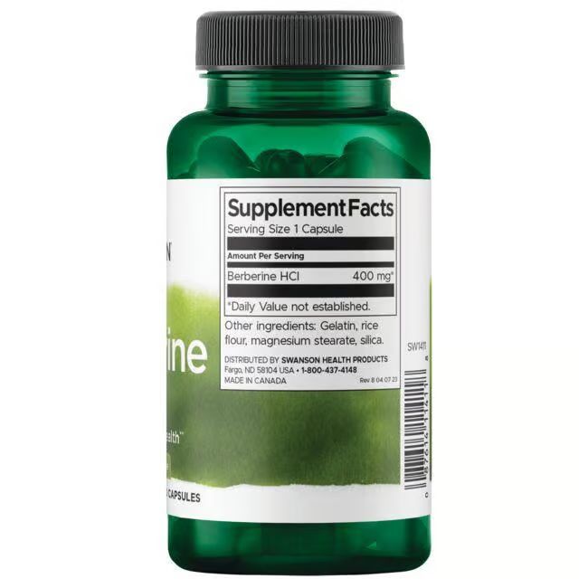 Flacon vert avec bouchon noir. Étiquette "Berberine" et "400 mg". Contient des gélules. Logo "Swanson Health".