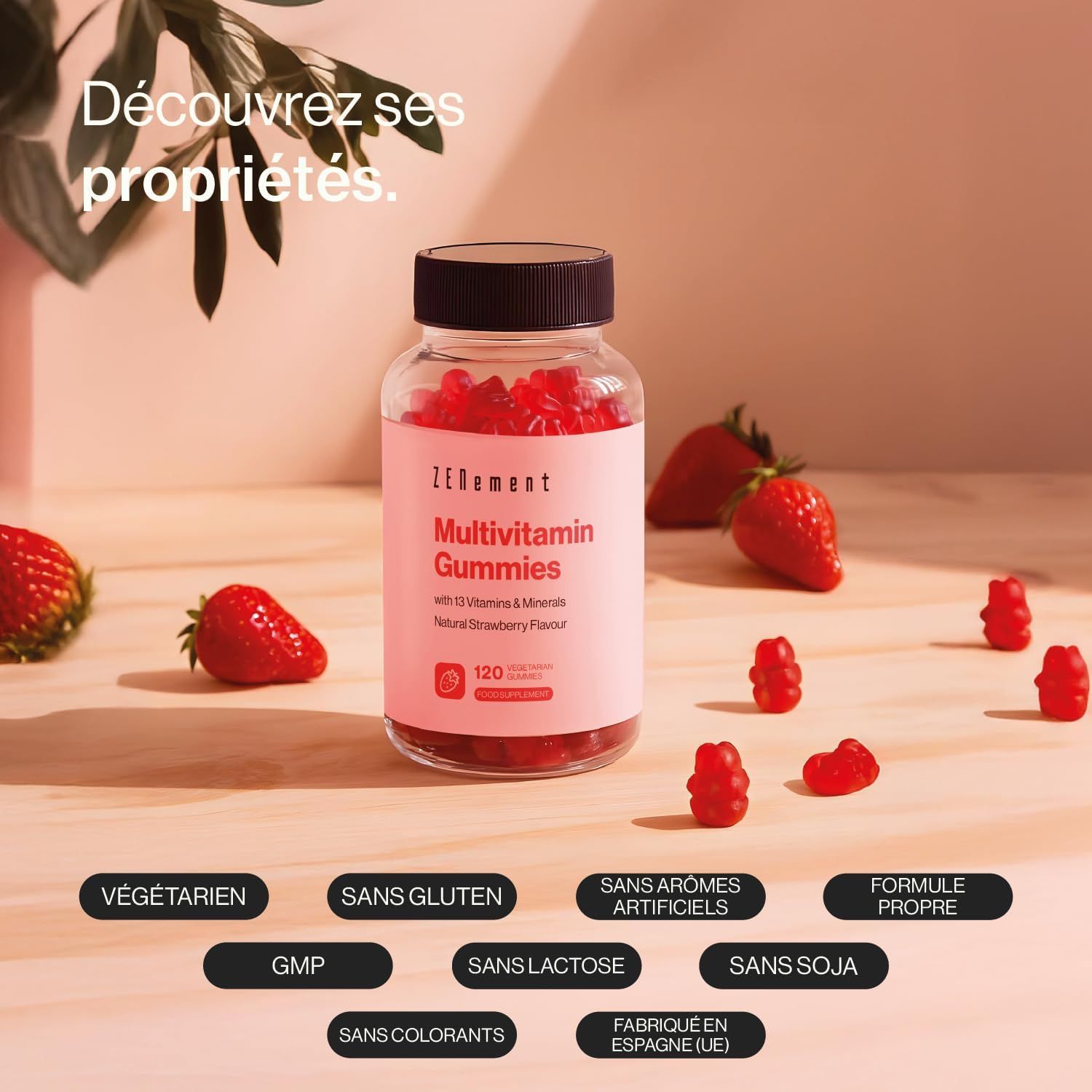 Bouteille de gommes multivitaminées, saveur fraise. Contient 120 pièces. "Végétarien", "Sans Gluten", "Sans Arômes Artificiels", "Formule Propre", "GMP", "Sans Lactose", "Sans Soja", "Sans Colorants", "Fabriqué en Espagne (UE)".