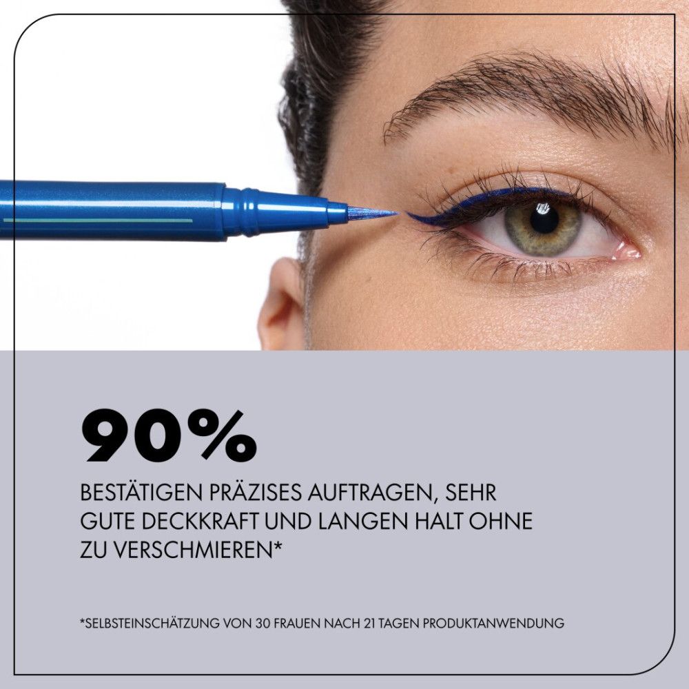 Blauwe vloeibare eyeliner applicator aangebracht op ooglid van vrouw.