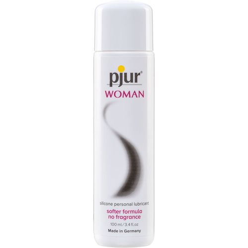 Flacon blanc avec logo "pjur woman". Texte : "silicone personal lubricant softer formula no fragrance".
