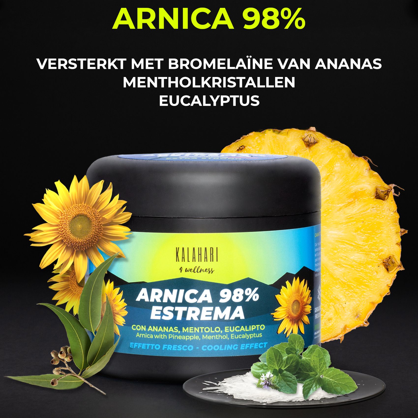 Pot KALAHARI Arnica 98% ESTREMA, met ananas, munt en eucalyptusbladeren.
