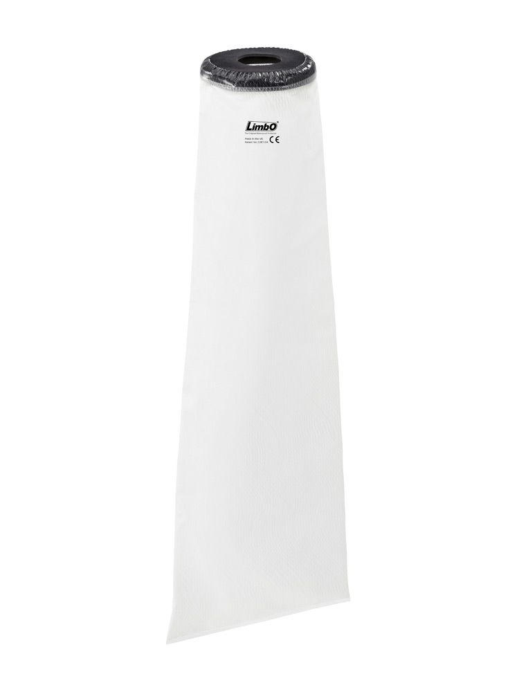 Protection de bras blanche avec extrémité noire. Le produit a une forme cylindrique et est en plastique.