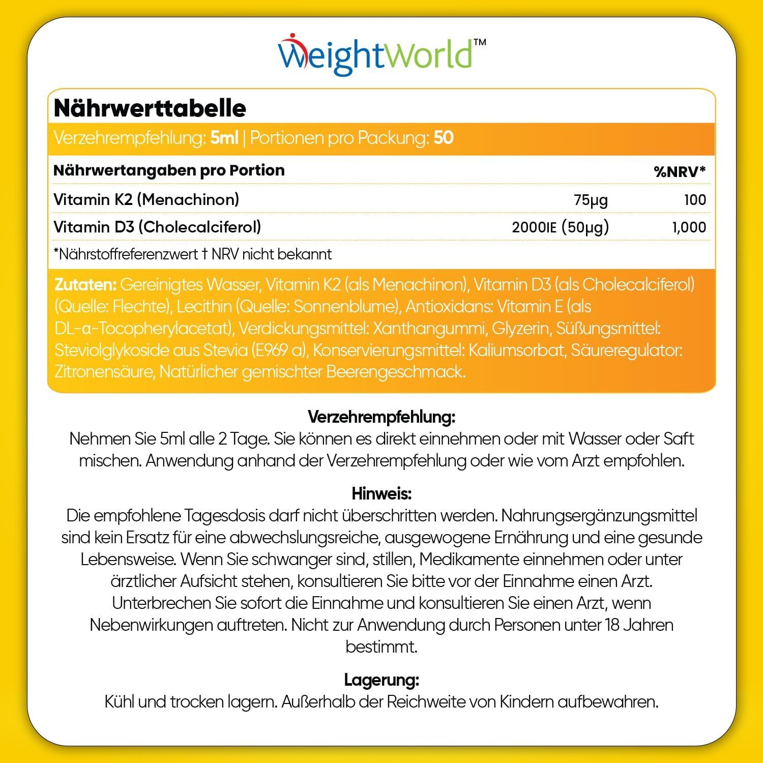 Tableau nutritionnel. Vitamine K2 et vitamine D3. Ingrédients, recommandations, conseils, stockage. 5 ml par portion, 50 portions par emballage.