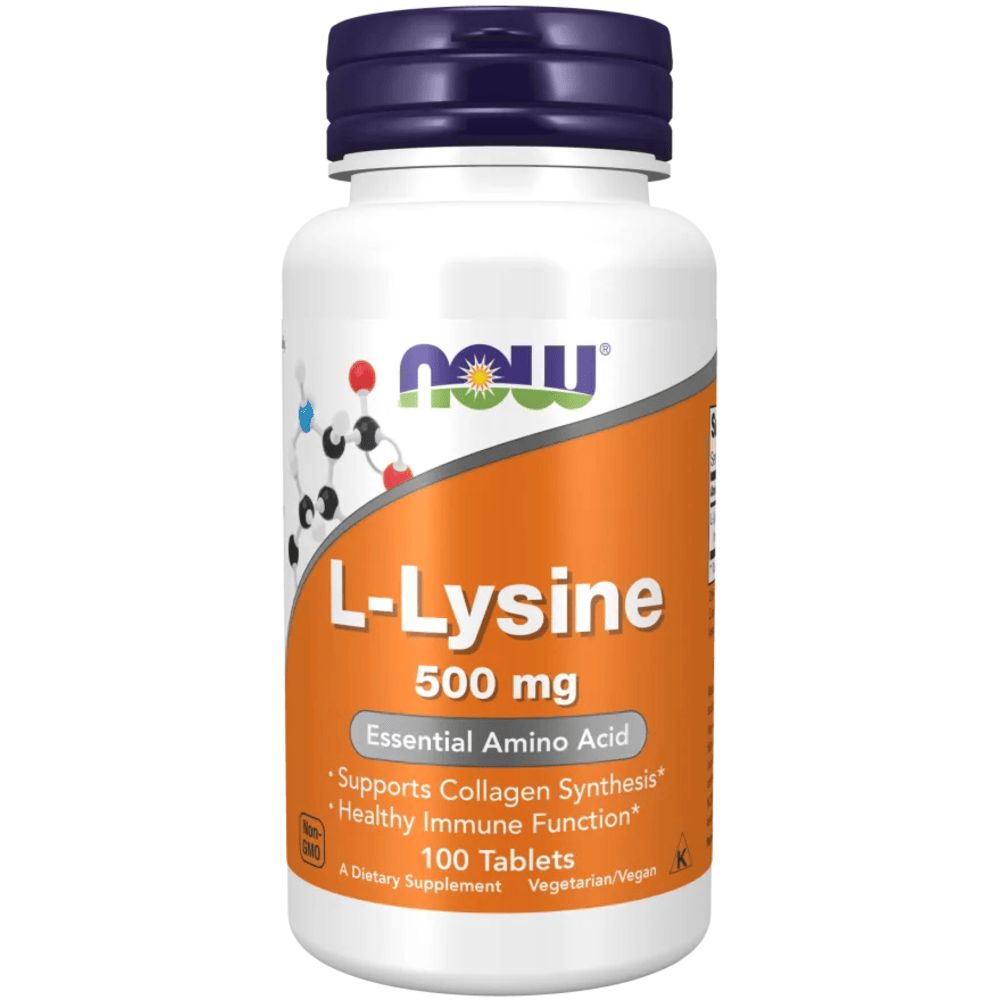 Flacon blanc avec bouchon bleu. Inscription : L-Lysine 500 mg, Essential Amino Acid, 100 comprimés. Marque : NOW.