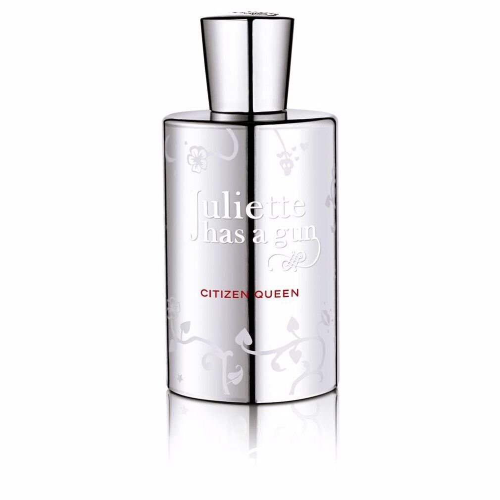Flacon de parfum avec bouchon argenté. Le flacon porte l'inscription "Juliette Has a Gun Citizen Queen".