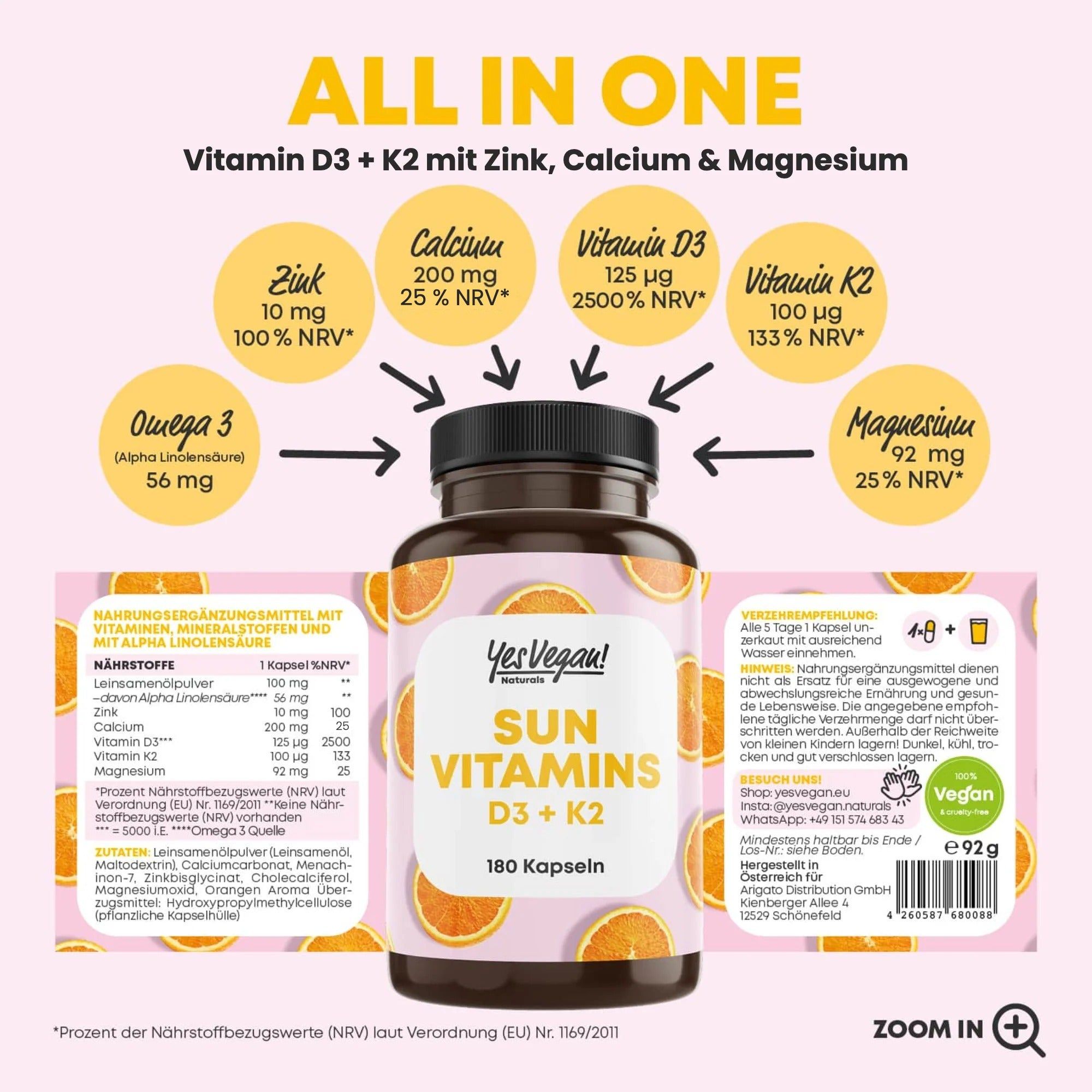 Fles met 180 capsules Sun Vitamins D3 + K2, met zink, calcium, magnesium en omega 3.
