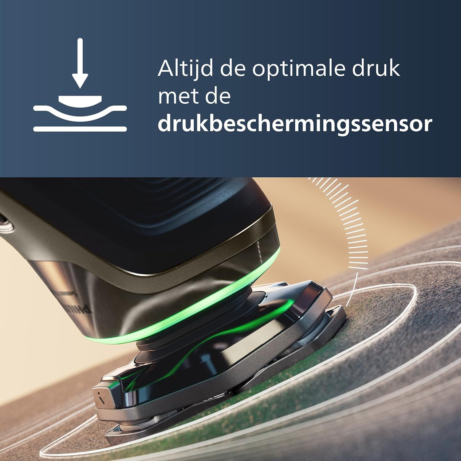 Elektrische scheerapparaat met drukbeveiligingssensor voor optimale druk.