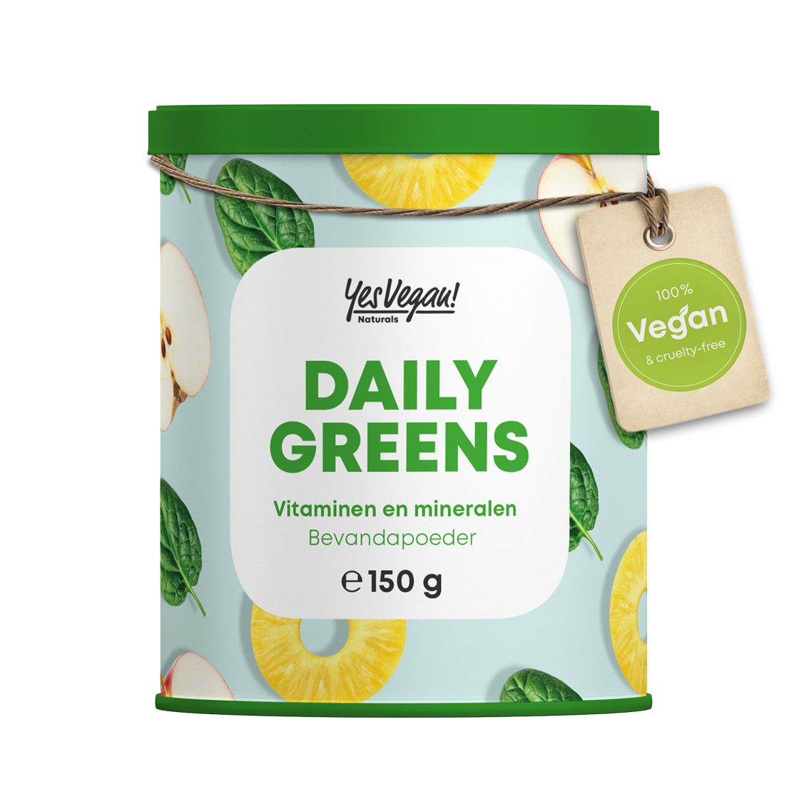 Blik Daily Greens Superfood drankpoeder met fruit- en bladmotief, 150g.
