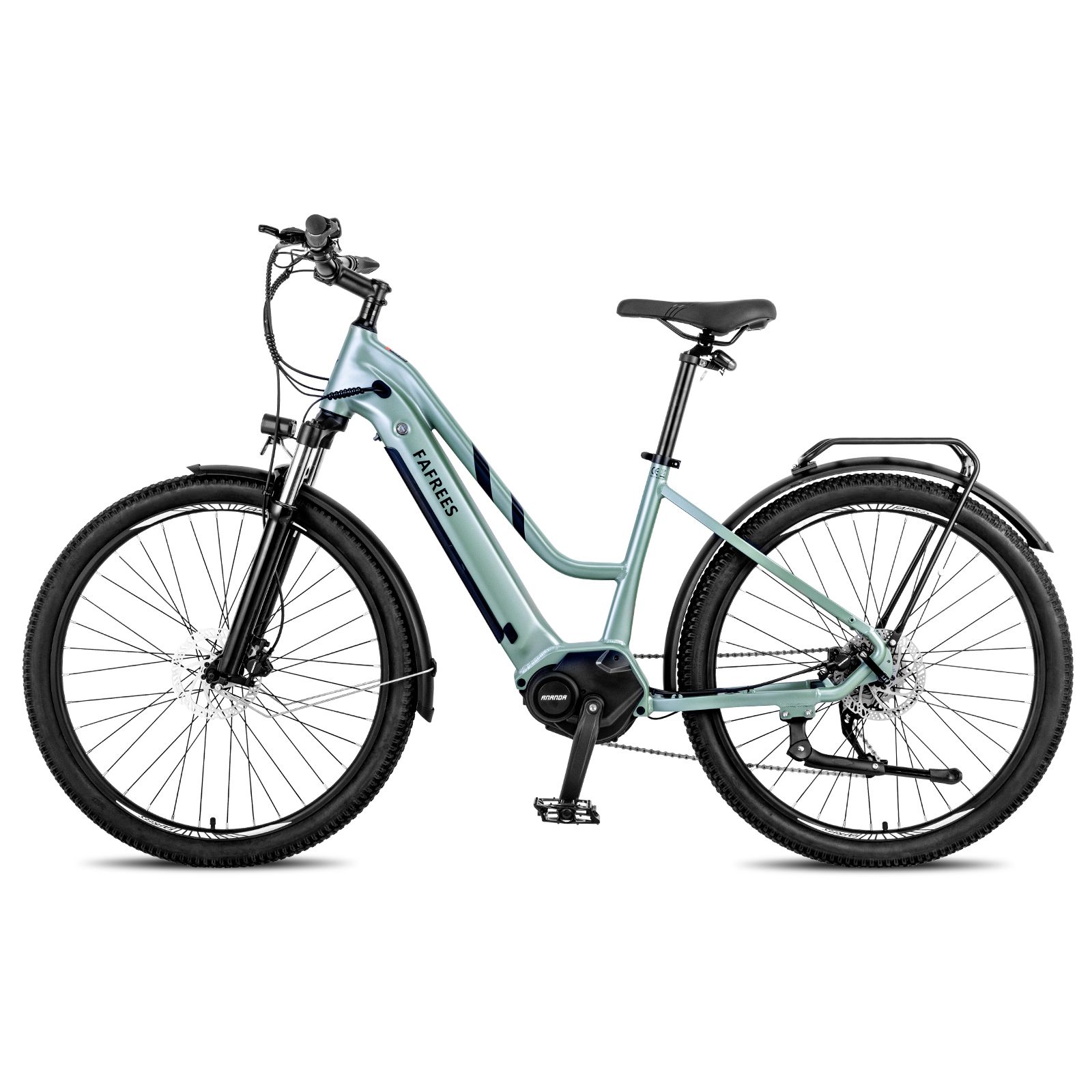 Lichtgroene e-bike met centrale motor. Zwarte banden, spatborden en bagagedrager. Merk FAFREES.