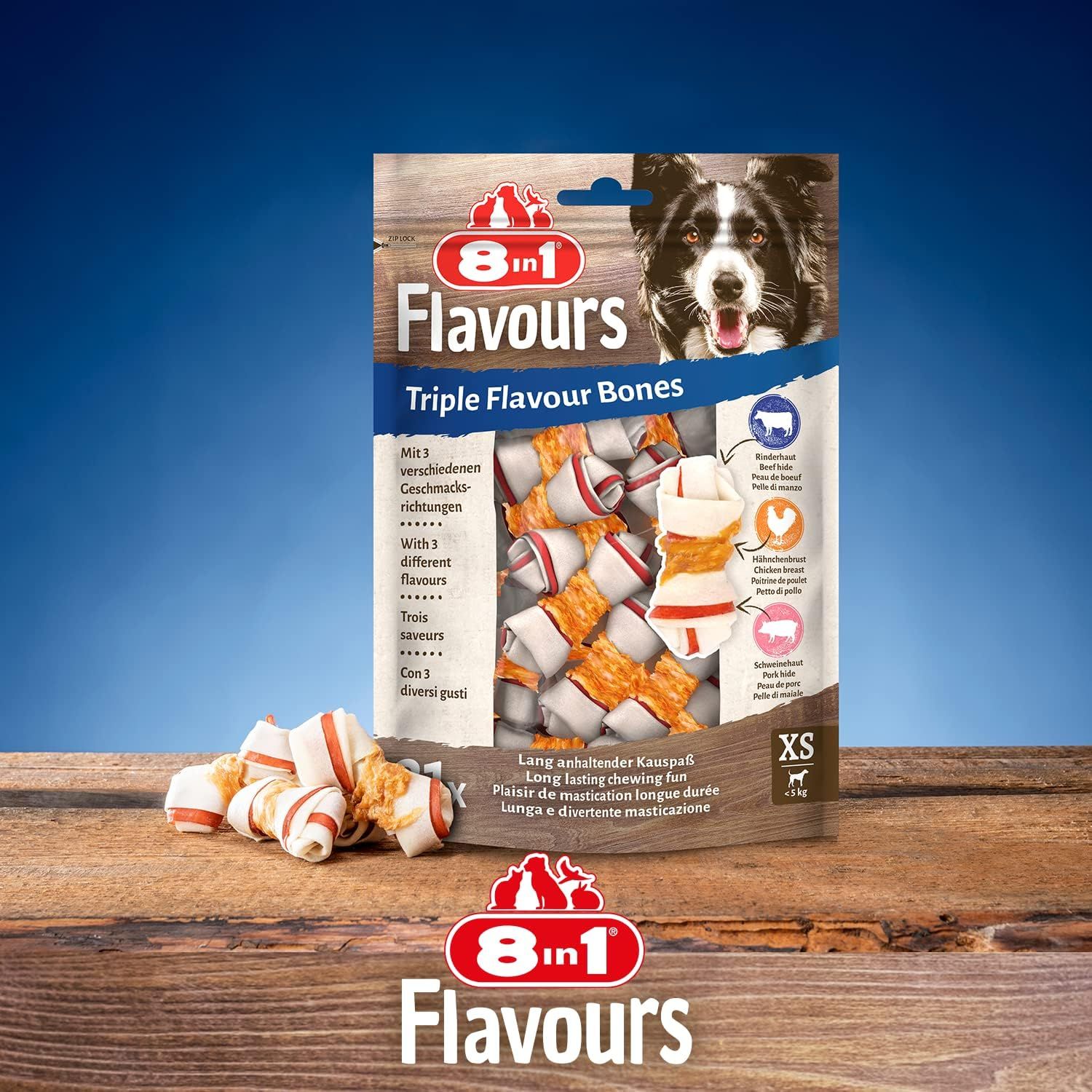 Emballage des os à mâcher 8in1 Triple Flavour XS, avec trois saveurs.