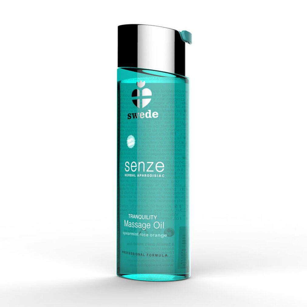 Bouteille d'huile de massage Swede Senze avec bouchon argenté. Liquide turquoise, étiquette avec informations produit.