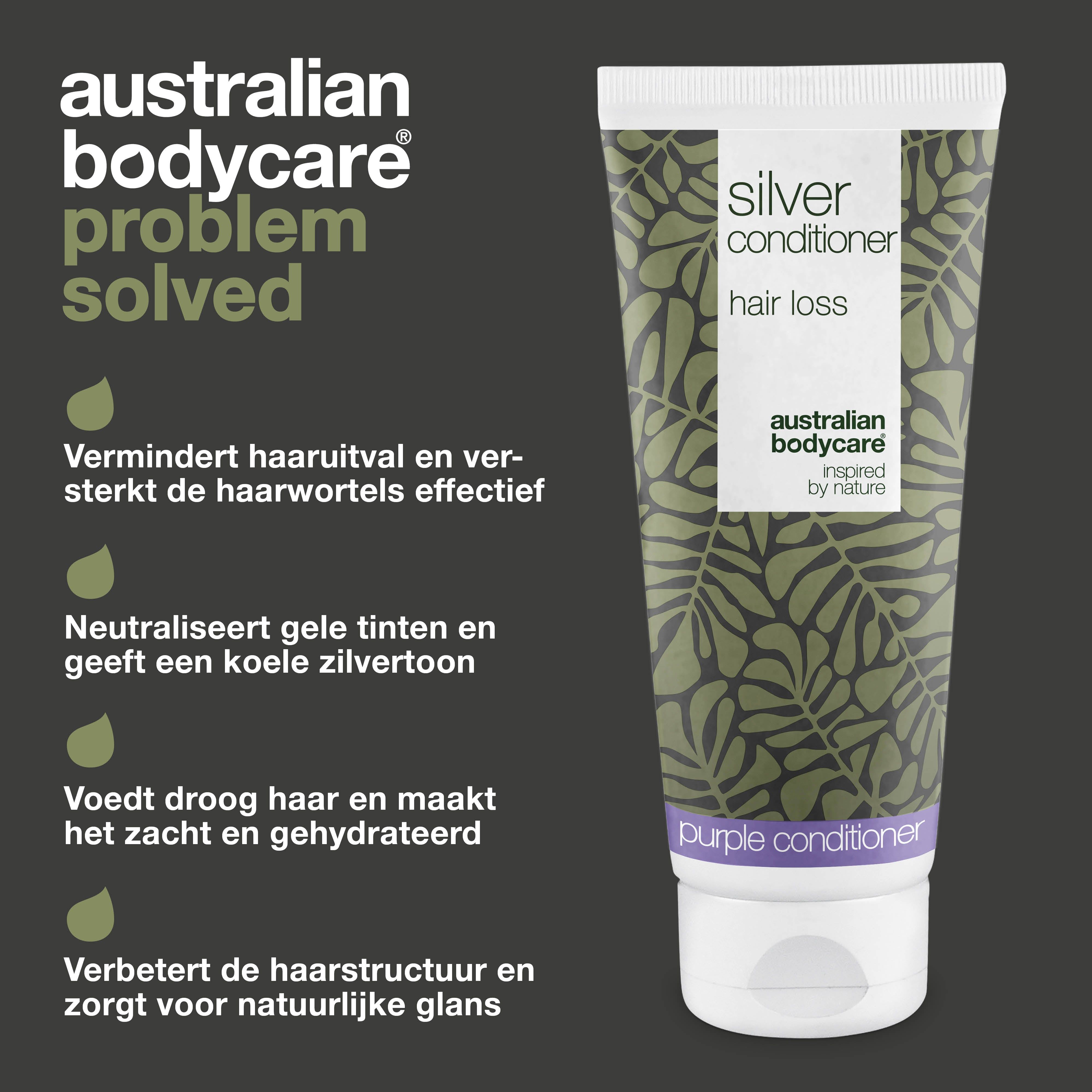 Tube conditioner. Tekst: Silver Conditioner, haaruitval. Merk: Australian Bodycare. Tekst: Probleem opgelost.