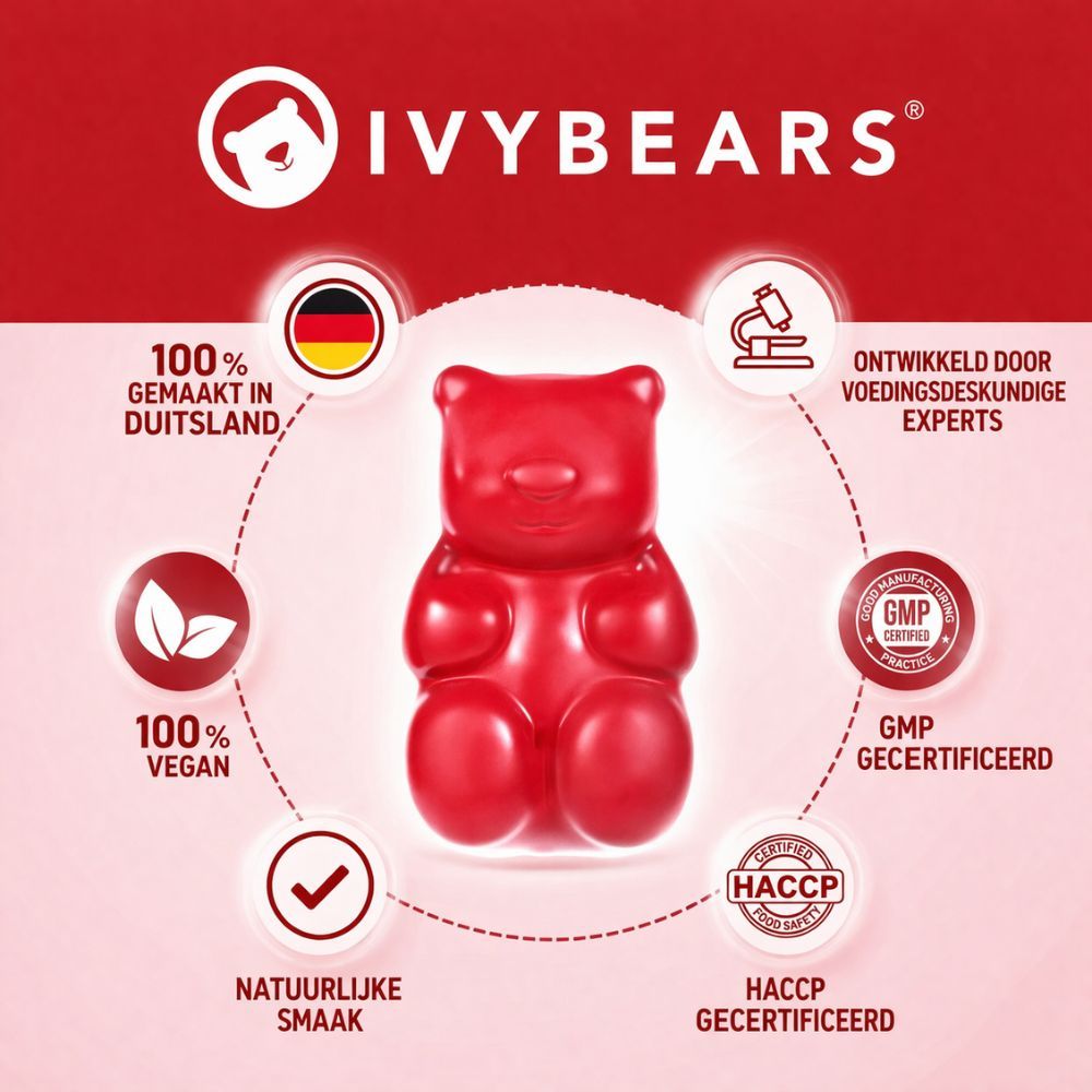 Rode gummybeer op rode achtergrond. Circulaire opstelling met logo's en teksten: 100% vegan, GMP-gecertificeerd, HACCP-gecertificeerd.
