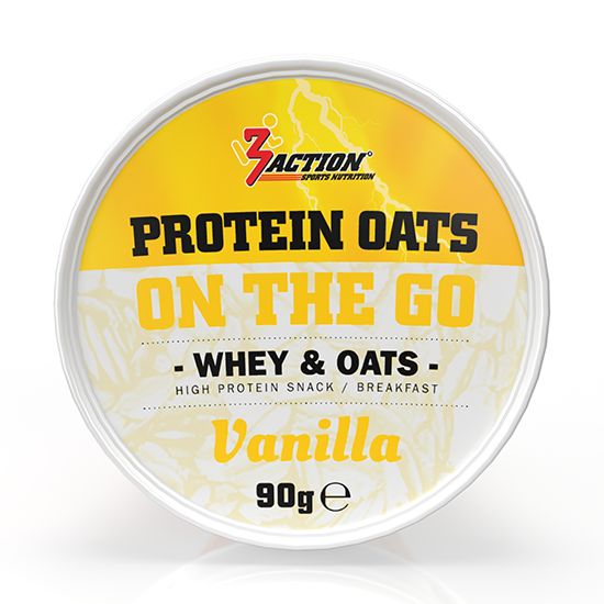Ronde pot met gele deksel. Opschrift: Protein Oats, Whey & Oats, Vanilla. 90g.