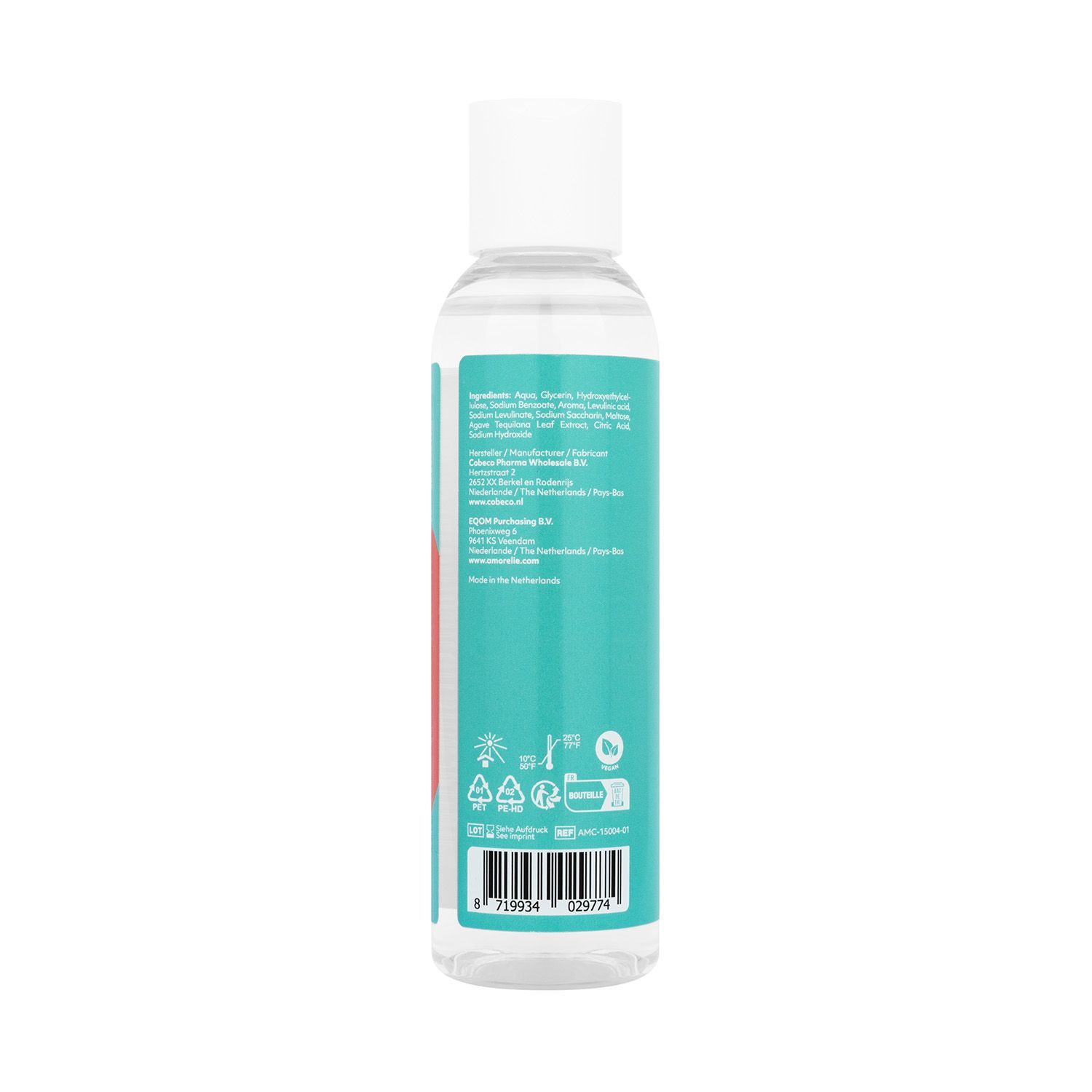 Dos d'un flacon transparent avec bouchon blanc. Texte et symboles. Inscription AMORELIE care.