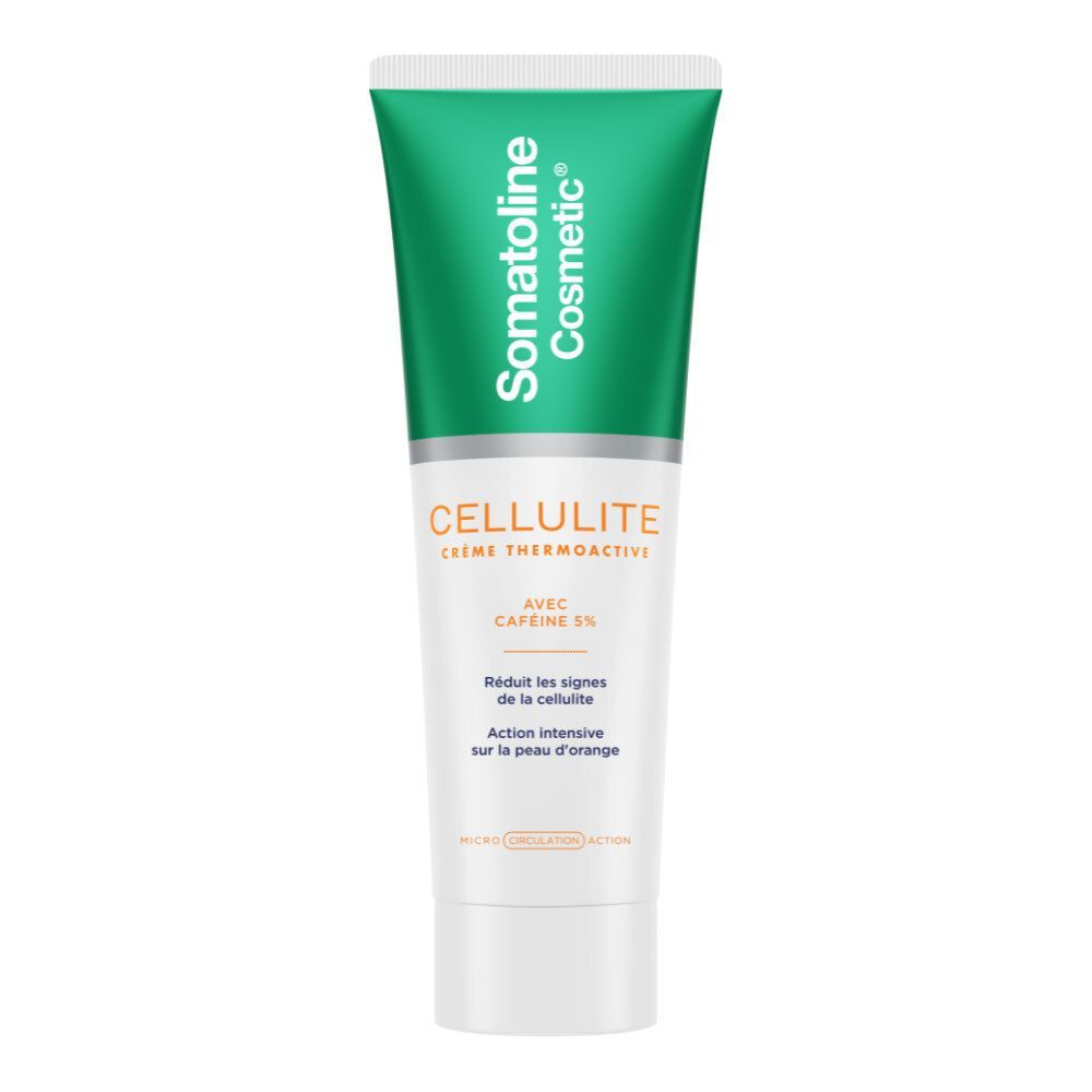 Groene tube met witte dop. Opschrift Somatoline Cosmetic en CELLULITE. Bevat cafeïne 5%.