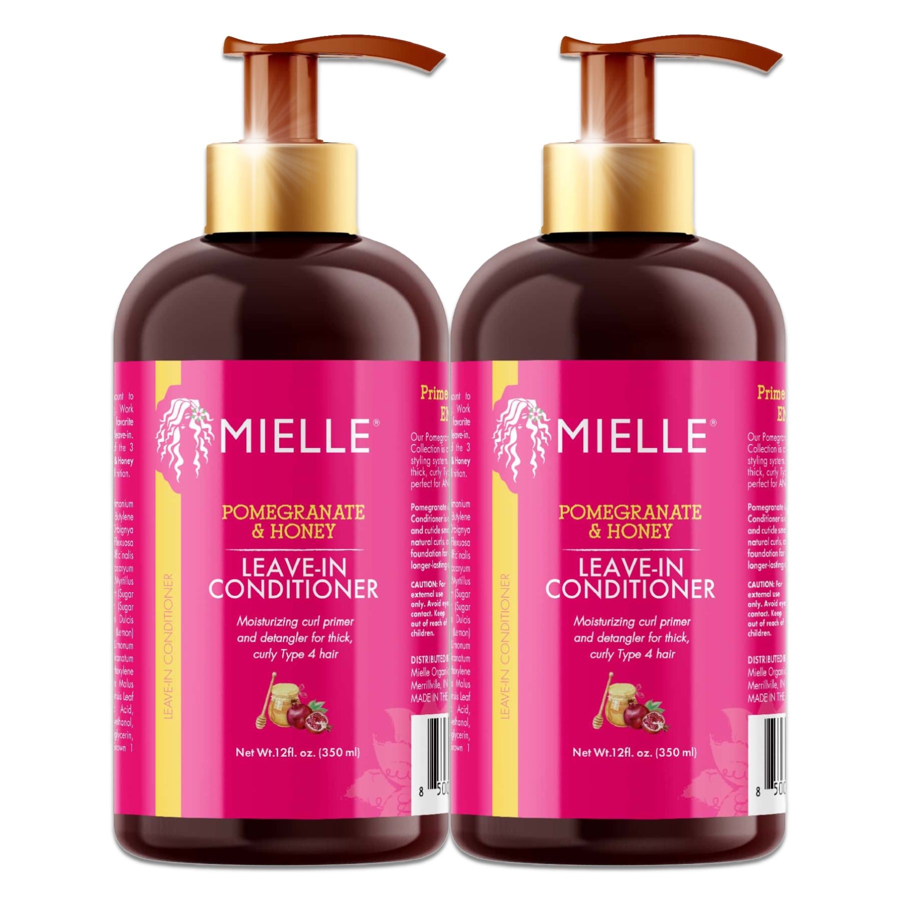 Deux flacons de Mielle Organics Leave-in Conditioner. Pomegranate & Honey. Avec pompe.