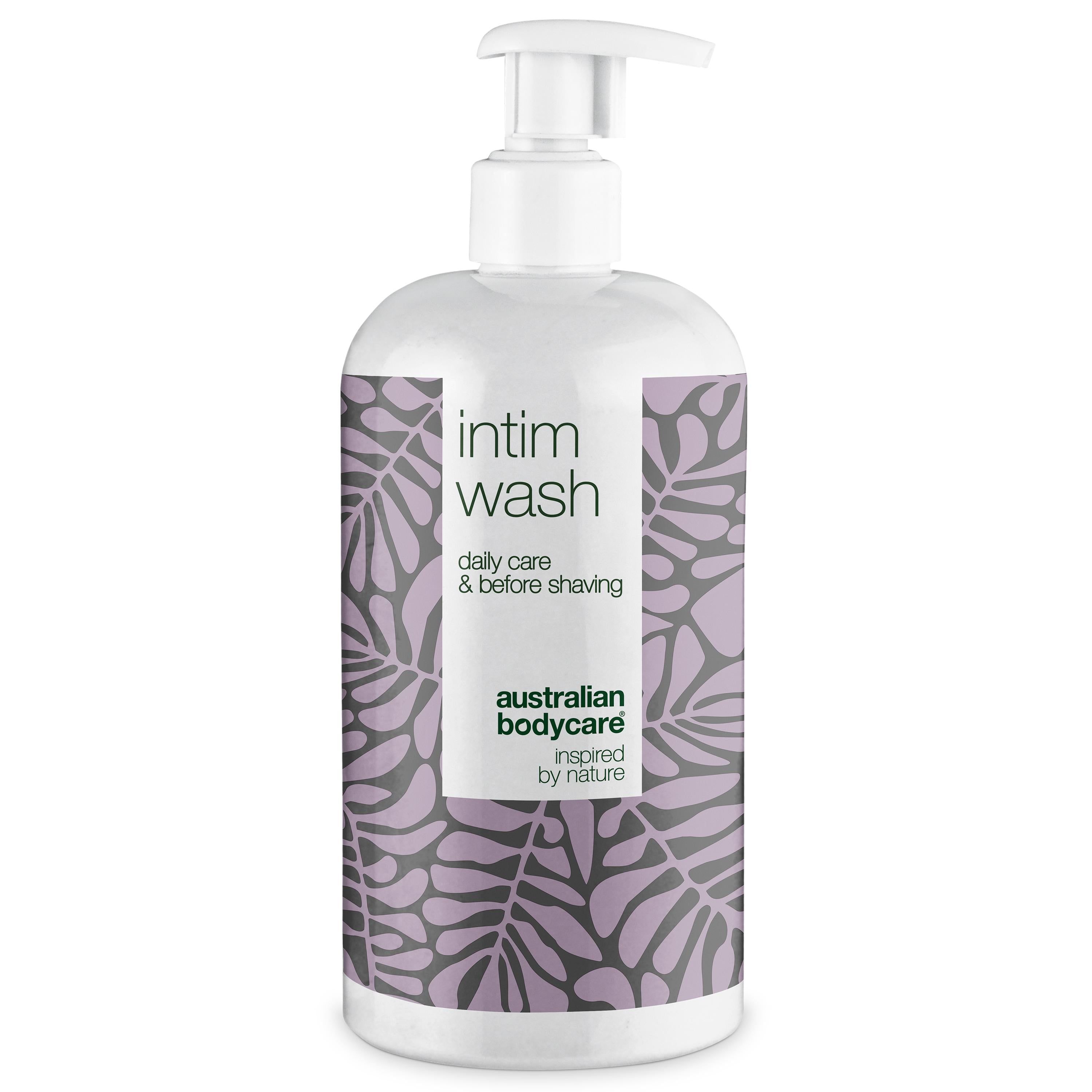 Witte fles intieme wasgel. Paars bladerpatroon. Opschrift: Intim Wash, daily care & before shaving, Australian Bodycare.