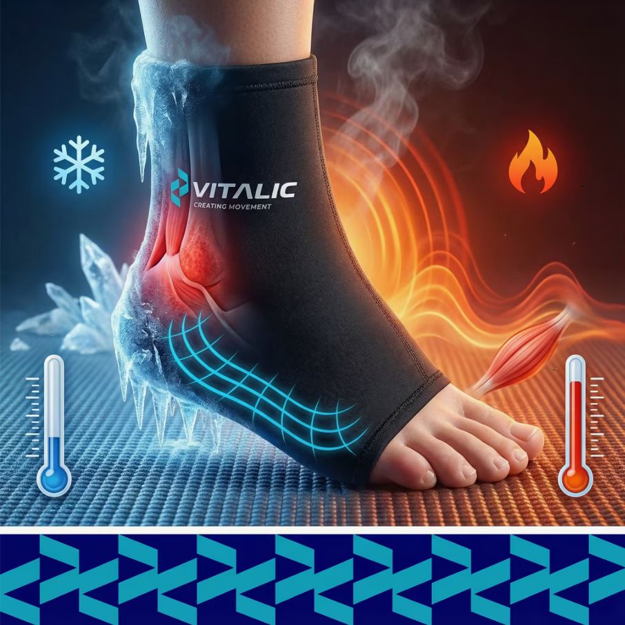 Zwarte enkelbrace. VITALIC-logo. Illustraties van ijs, vuur, spieren en thermometers. Anatomische weergave.