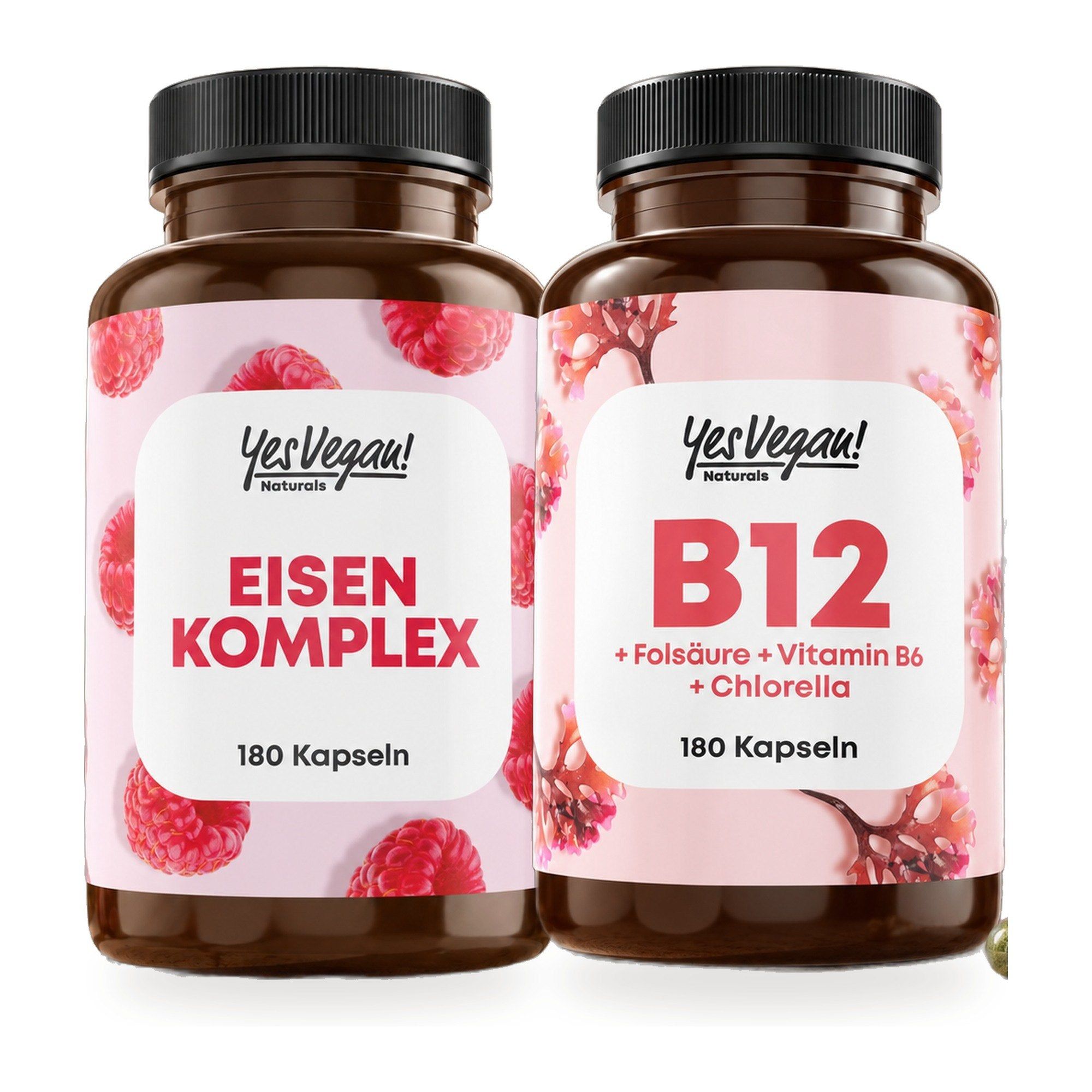 Deux flacons de compléments alimentaires : Complexe de Fer (180 gélules) et B12 (180 gélules).