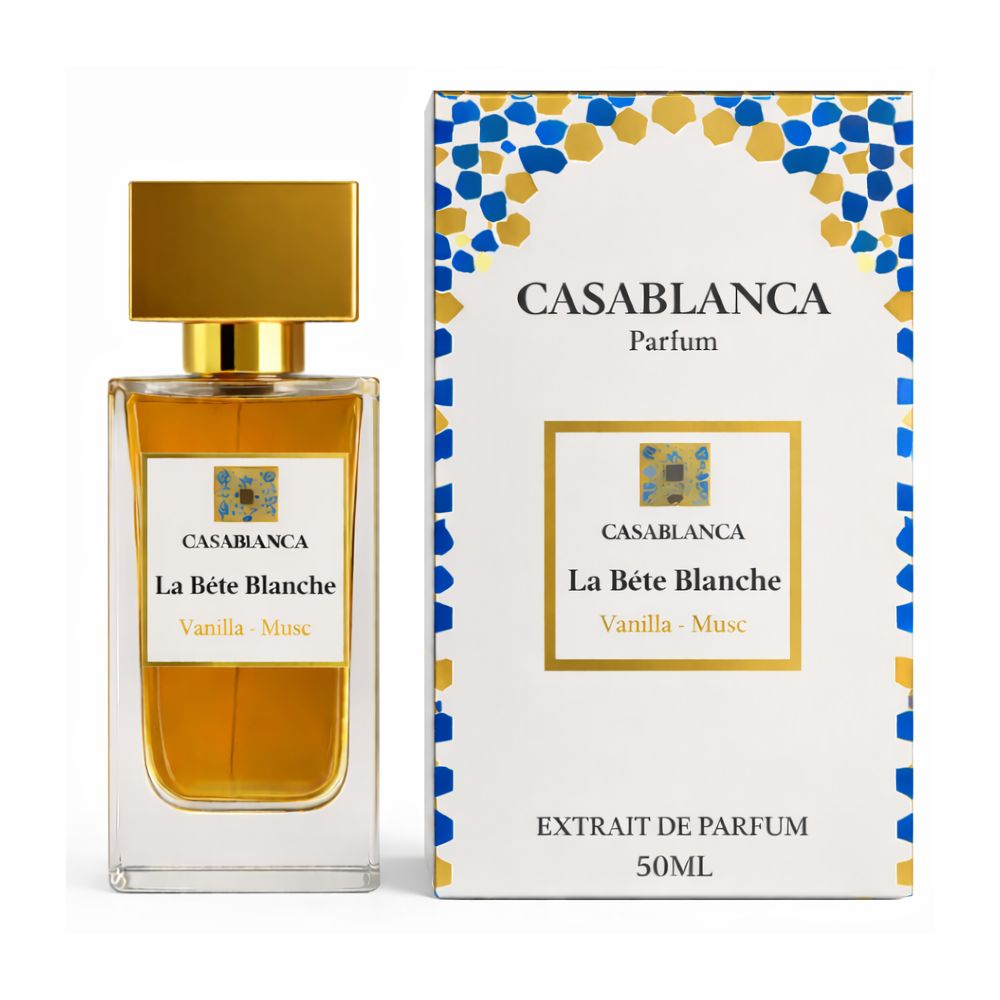 Flacon de parfum et emballage. Inscription: Casablanca La Bête Blanche, Vanilla - Musc. Extrait de Parfum 50ml.
