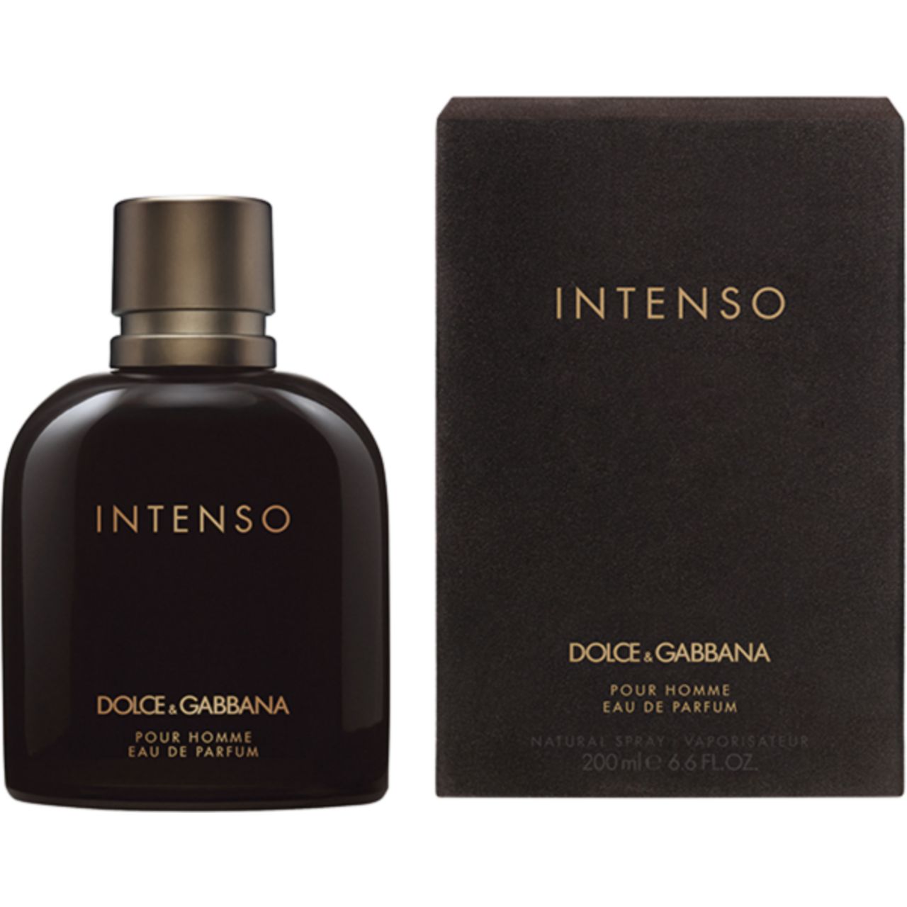 Donkerbruine fles en verpakking. Opschrift INTENSO, DOLCE & GABBANA, Pour Homme. EdP Nat. Spray. 200 ml.