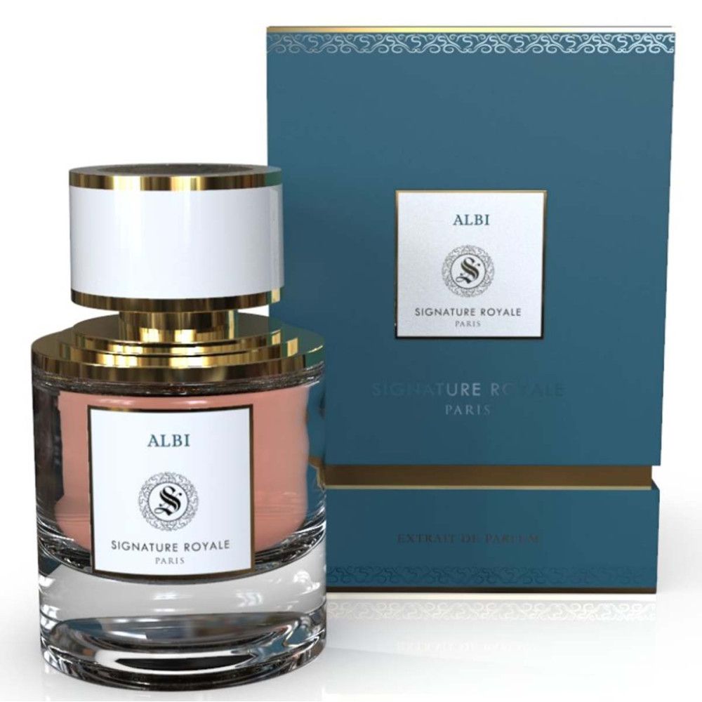 Flacon de parfum avec emballage. Flacon avec bouchon blanc, détails dorés et étiquette "ALBI".