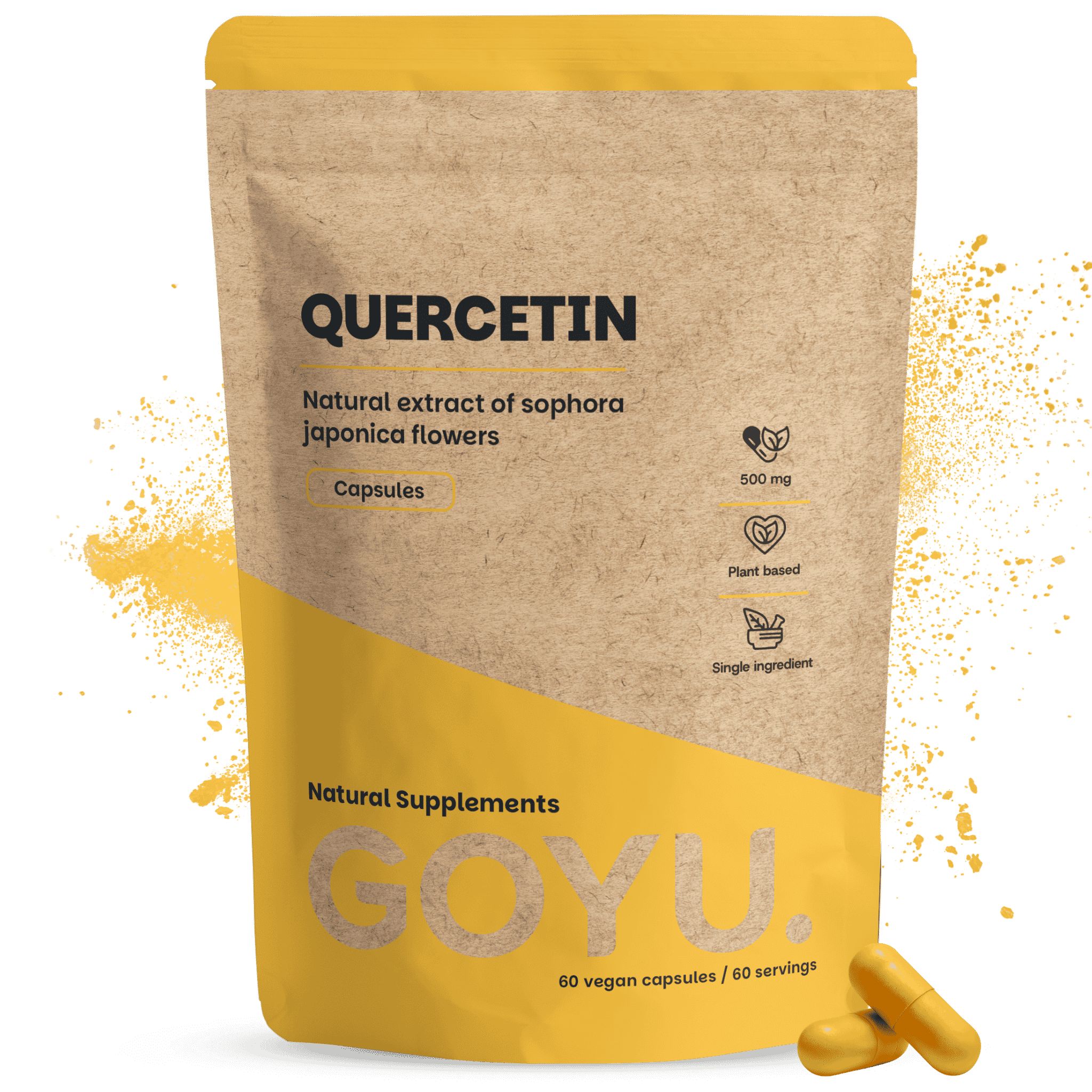 Sachet refermable brun avec capsules de Quercétine, 500 mg. Bande diagonale jaune.