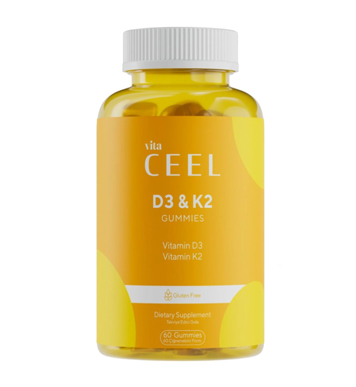 Fles VITA CEEL Vitamine D3 K2 Gummies, 60 gummies. Glutenvrij. Voedingssupplement.
