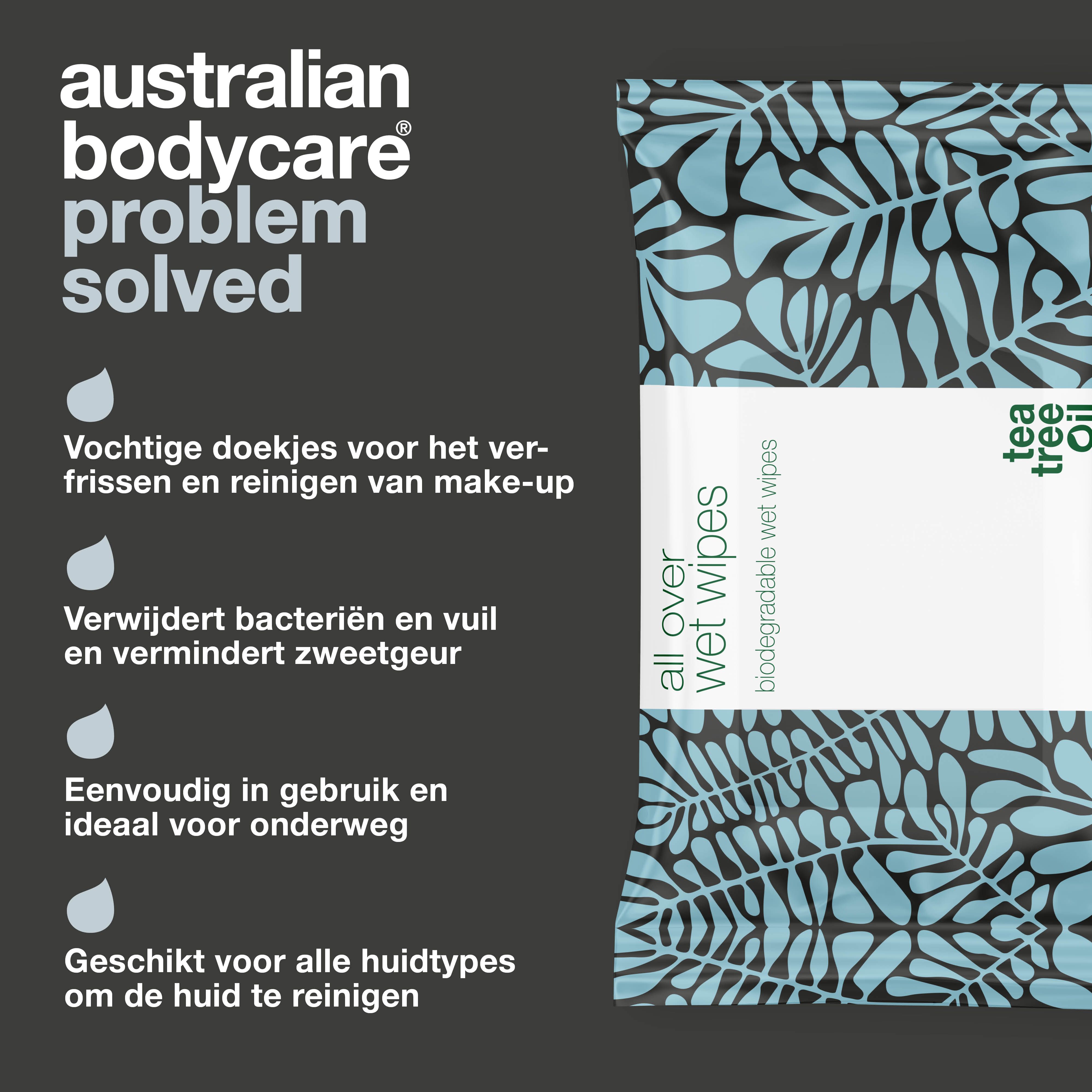 Pakje vochtige doekjes met blauw bladerpatroon. Tekst: "all over wet wipes". Logo: Australian Bodycare. Tekst over voordelen.