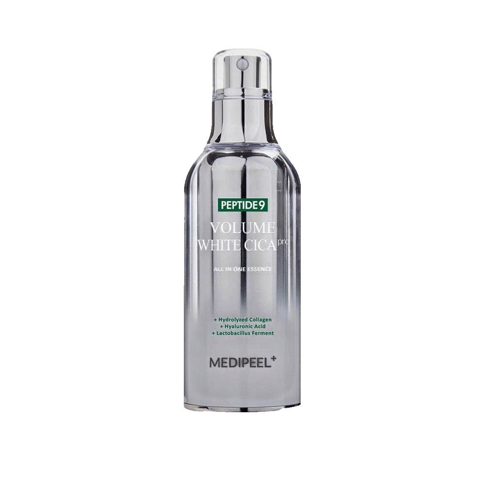 Zilveren fles met sproeikop. Opschrift: PEPTIDE 9, Volume White Cica. MEDIPEEL logo. Ingrediënten.