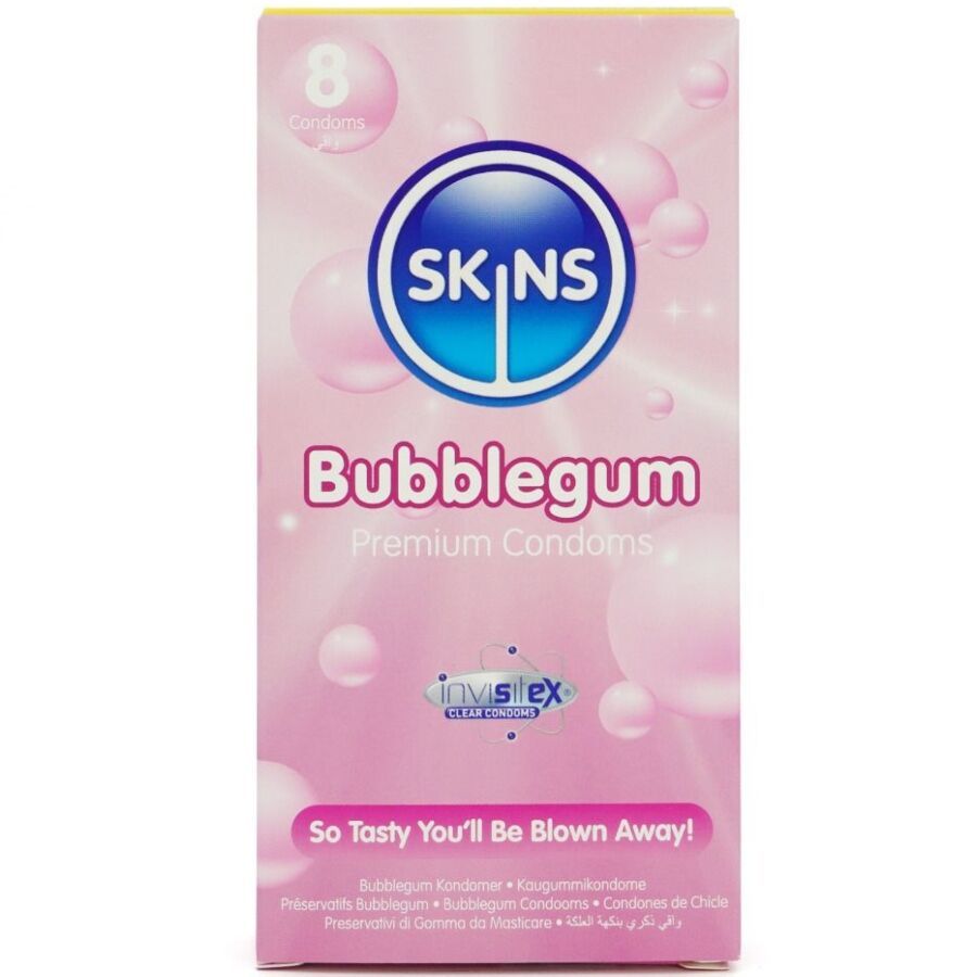 Boîte de 8 préservatifs. Marque SKINS, saveur Bubblegum. Emballage rose avec nom du produit et logos.