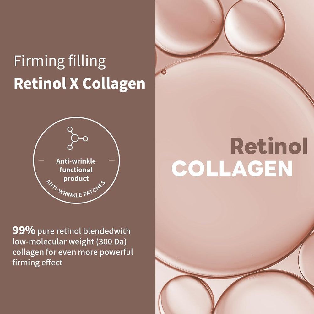 Texte "Retinol Collagen" et "Anti-Wrinkle Patches". Gouttes de liquide. Texte: 99% de rétinol pur.