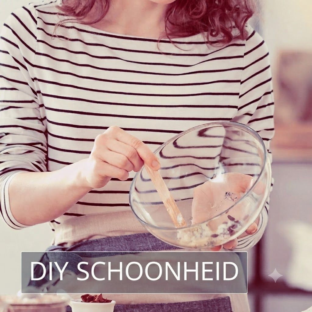 Persoon mengt ingrediënten in glazen kom met houten stokje. Tekst: DIY SCHOONHEID.